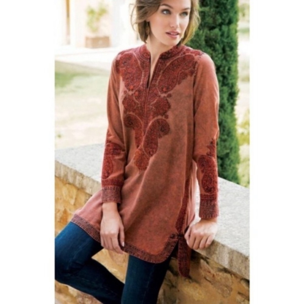 Soft Surroundings Embroidered Tunic burnt Orange  Spice Market top‎ rustic XSP